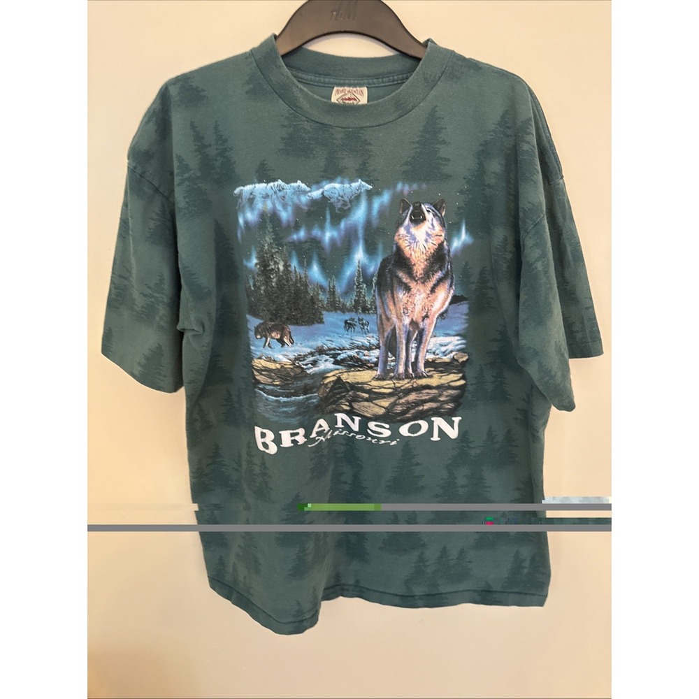 Prairie Mountain Mens Green T-Shirt Wolf Branson Size XL USA Tree Print S Stitch - Picture 4 of 7